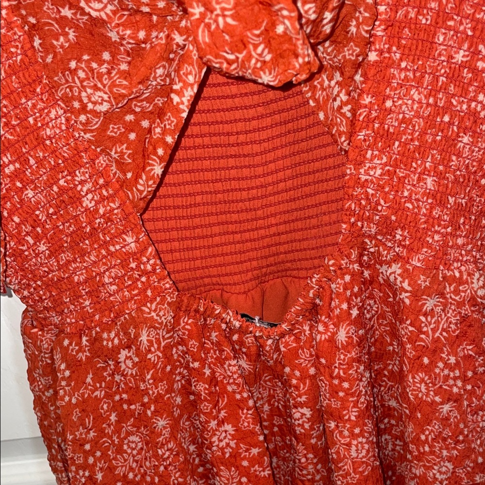 Madewell Coral Red Floral Smocked Mini Dress - Picture 7 of 8